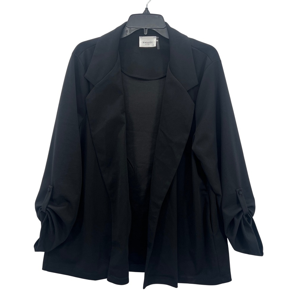 Andrée by Unit Women's Black Open Front Capsule Jacket 2X Roll‎ Tab Sleeve Flowy